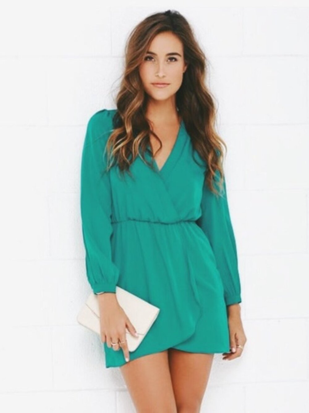 That's a Wrap Dress - Honey Punch - Green/Turquoise Wrap-Front Long Sleeve Dress